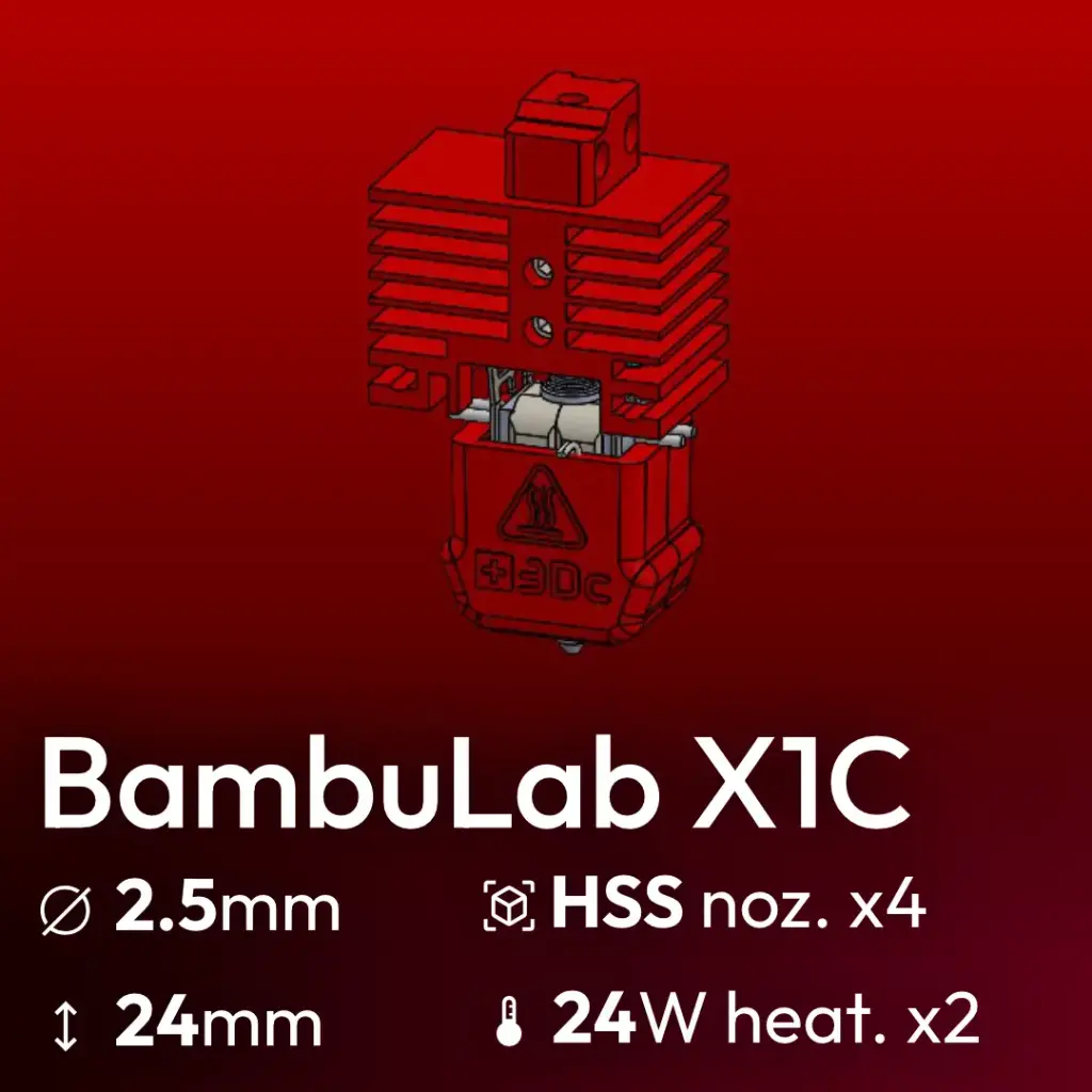 Full Kit, BambuLab X1C Clone, Starlex DHB D2.5x24 Base set, 4x Nozzle Hardened Stainless Steel set, 2x MCH 24W 24V Heaters, 1x Thermistor NTC 100K 3950