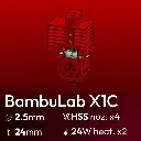 Full Kit, BambuLab X1C Clone, Starlex DHB D2.5x24 Base Set, 4x HSS Nozzle Set, 2x MCH 24W 24V Heaters, 1x Thermistor NTC 100K 3950