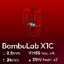 Full Kit, BambuLab X1C Clone, Starlex DHB D2.5x24 Base set, 4x Nozzle Hardened Stainless Steel set, 2x MCH 30W 24V Heaters, 1x Thermistor NTC 100K 3950