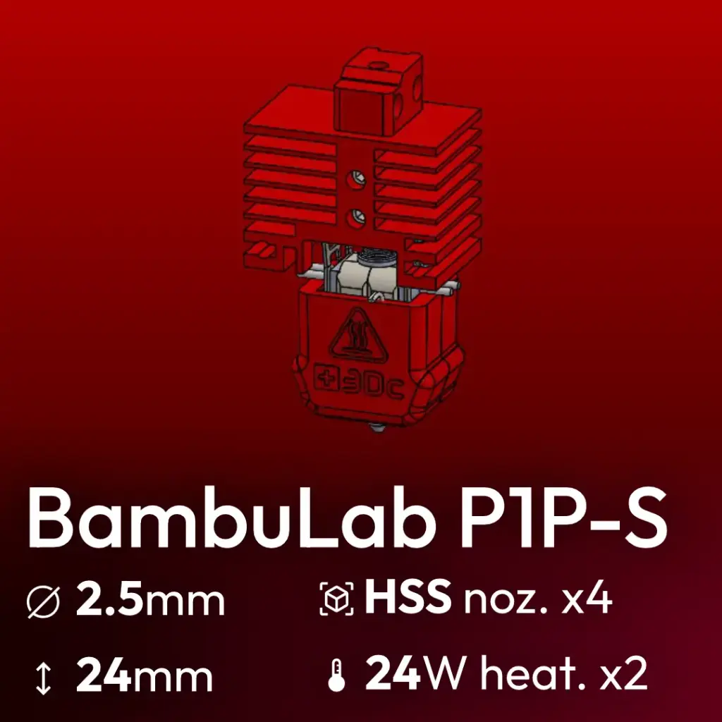 Full Kit, BambuLab P1P-P1S Clone, Starlex DHB D2.5x24 Base set, 4x Hardened Stainless Steel Nozzle set, 2x MCH 24W 24V Heaters, Thermistor