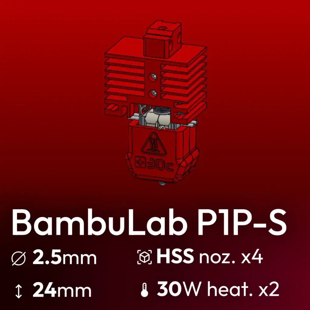Full Kit, BambuLab P1P-P1S Clone, Starlex DHB D2.5x24 Base set, 4x Hardened Stainless Steel Nozzle set, 2x MCH 30W 24V Heaters, Thermistor