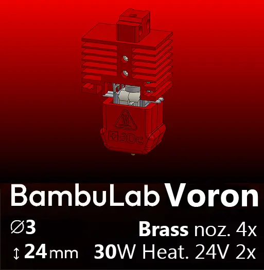 Full Kit, BambuLab Voron, Starlex DHB D3.0x24, 4x Brass Nozzle set, 2x MCH 30W 24V Heaters, 1x Thermistor NTC 100K 3950 Microfit 3.0
