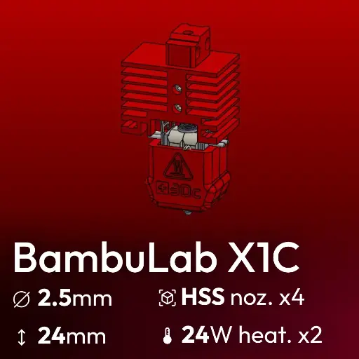 [S3DC-KIT-BLX-252424-800] Full Kit, BambuLab X1C Clone, Starlex DHB D2.5x24 Base set, 4x Nozzle Hardened Stainless Steel set, 2x MCH 24W 24V Heaters, 1x Thermistor NTC 100K 3950