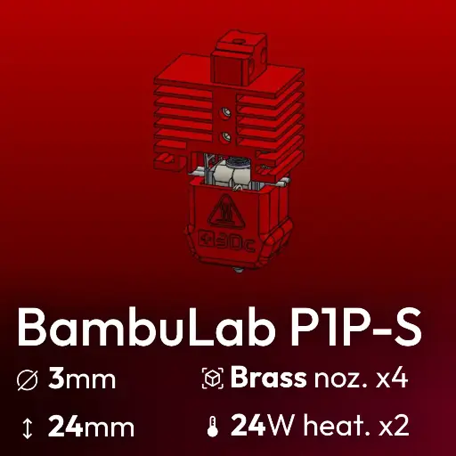 [S3DC-KIT-BLP-302424-802] Full Kit, BambuLab P1P-P1S Clone, Starlex DHB D3.0x24 Base set, 4x Brass Nozzle set, 2x MCH 24W 24V Heaters, Thermistor