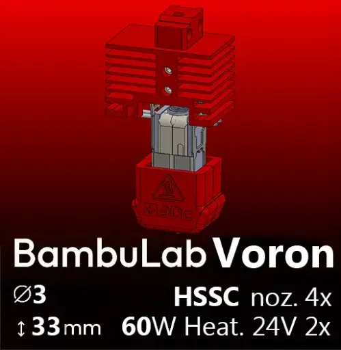 Full Kit  BambuLab Voron, Starlex DHB D3x33 Base set, Set of 4 HSSC Nozzles, 2x MCH 24V Heaters 60W, Thermistor, Microfit 3.0 connectors