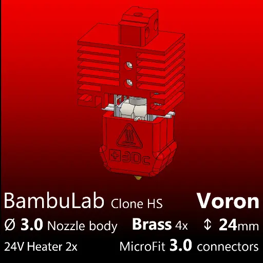 [S3DC-KIT-BLV-302430-810] Full Kit, BambuLab Voron, Starlex DHB D3.0x24, 4x Brass Nozzle Set, 2x MCH 30W 24V Heaters, 1x Thermistor NTC 100K 3950 Microfit 3.0