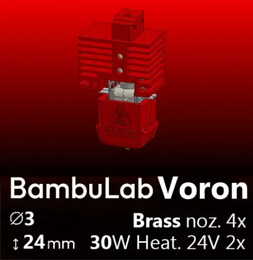Full Kit, BambuLab Voron, Starlex DHB D3.0x24, 4x Brass Nozzle set, 2x MCH 30W 24V Heaters, 1x Thermistor NTC 100K 3950 Microfit 3.0