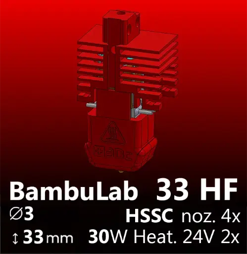 Full Kit  BambuLab X1C-P1P-P1S, Starlex DHB D3x33 Base set, Set of 4 HSSC Nozzles, 2x MCH 24V Heaters 30W, Thermistor, adapted  connectors