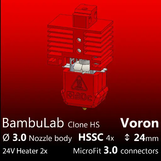 Full Kit, BambuLab Voron, Starlex DHB D3.0x24, 4x HSS+C Nozzle Set, 2x MCH 30W 24V Heaters, 1x Thermistor NTC 100K 3950 Microfit 3.0