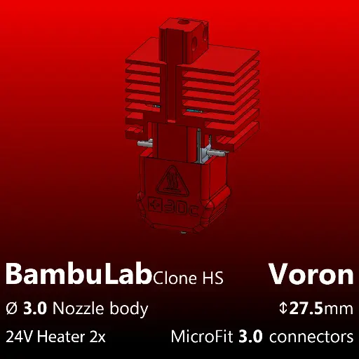 [S3DC-KIT-BLV-302730-812] Full Kit, BambuLab Voron, Starlex DHB D3.0x27.5, 4x HSS+C Nozzle set, 2x MCH 30W 24V Heaters, 1x Thermistor NTC 100K 3950 Microfit 3.0 connectors