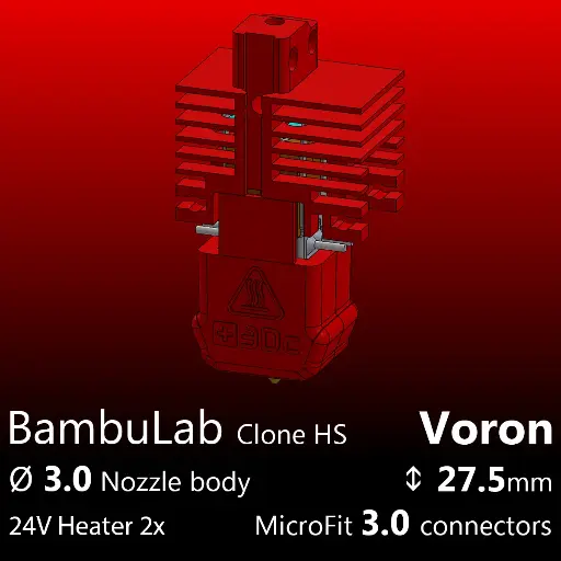 Full Kit, BambuLab Voron, Starlex DHB D3.0x27.5, 4x HSS+C Nozzle set, 2x MCH 30W 24V Heaters, 1x Thermistor NTC 100K 3950 Microfit 3.0 connectors